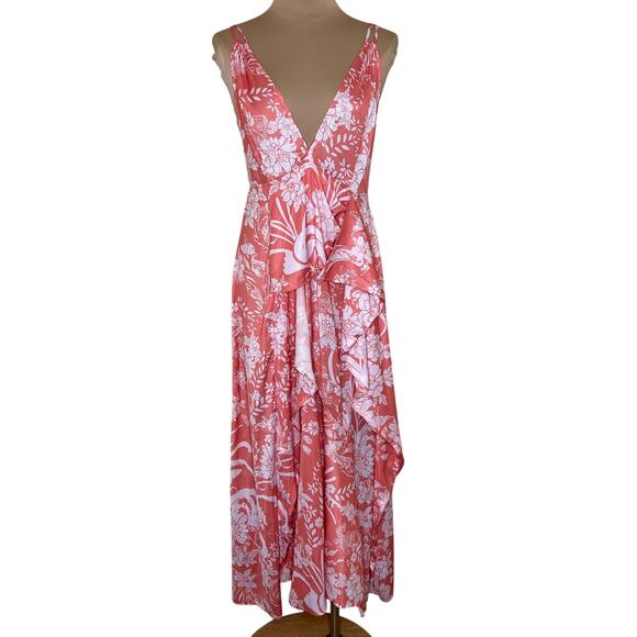 Free People Ashley Slip Dress 8 Womens Pink Plunge Maxi Ruffle Feminine Floral - Picture 4 of 14